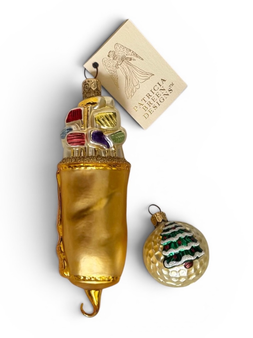Patricia Breen Gold Golf Club Bag and Golf Ball Glass Ornament Set 1996